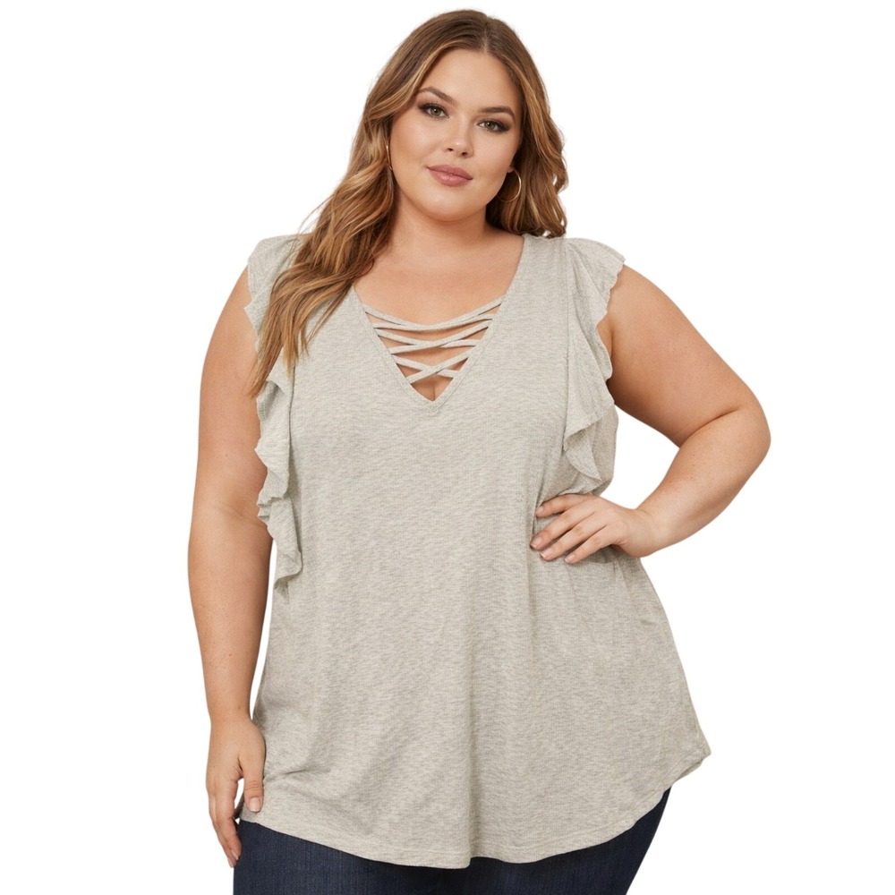 Doe & Rae Plus Size 1X Light Gray Ribbed Lace Up V Neck Flutter Sleeve Tank Top
